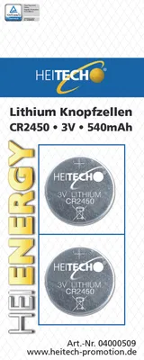 Produktbild von Heitech Lithium Knopfzellen, 2-er Pack, CR2450, 3 V
