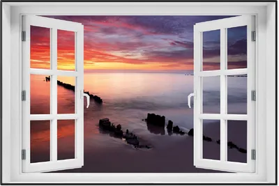 Produktbild von Wallario Wandbild mit Fenster-Illusion: Sandstrand im Sonnenuntergang - Roter Himmel, Größe: 61 x 91,5 cm, Poster mit schwarzem Aluminiumrahmen