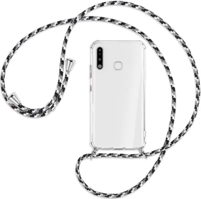 Produktbild von Handykette Backcover-Schutzhülle mit Band (Metall silberfarben) für Samsung Galaxy A70e - schwarz/grau/weiß