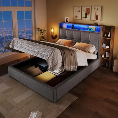 A bedroom scene at night with a bed, window, and lighting.