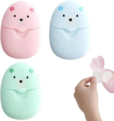 3 Dozen Papierseife - Tragbare Seifenblätter in Plastikdose - Mini-Reiseformat (Rosa + Blau + Grün)