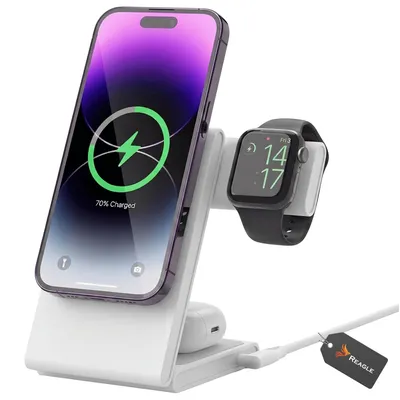 Obrázek produktu pro Reagle Qi2 3-v-1 nabíjecí stanice 15W, skládací magnetická indukční nabíječka, kompatibilní s iPhone 17–12, Apple Watch AirPods a Samsung Galaxy, bílá