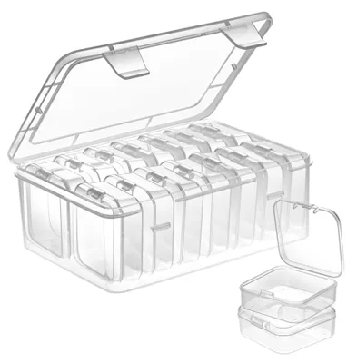 Produktbild von Kleine Aufbewahrungsboxen (5,5 x 5,5 x 2 cm), 15 Stück Mini-Aufbewahrungsboxen aus transparentem Kunststoff mit Klappdeckel für Pillen, Schmuck, Bastelbedarf &