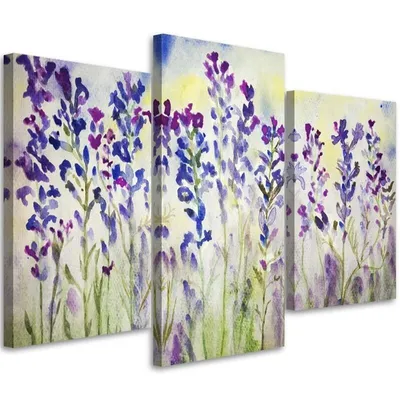 Produktbild von Triptychon auf leinwand lila und blaue blumen 60x40 cm Feeby lila wandbild bereit zum aufhängen