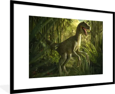 Produktbild von MuchoWow® Gerahmtes Poster Dinosaurier - Pflanzen - Grün - Illustration - Kinder - Jungen 90x60 cm - Poster mit Schwarzem Bilderrahmen Wandposter Rahmen Foto Bilder - Wanddekoration - Fotos