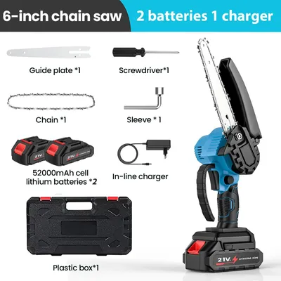 Obrázek produktu pro Mini řetězová pila – akumulátorová motorová pila 15 cm – 800 W – bezdrátová ruční pila s 2 bateriemi – pro řezání stromů a zpracování dřeva