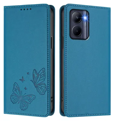 Image de Étui en cuir pour Realme C33 2022/2023, motif papillon en relief, étui à rabat avec porte-appareil, bleu