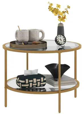 Image de Table d'appoint ronde avec 2 niveaux et plateau en verre | Couleur : doré transparent | Dimensions : 60x60x43 cm
