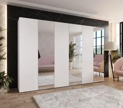Obrázek produktu pro Velká zrcadlová šatní skříň 300 cm AMARIS 2 - bílá / černé úchyty