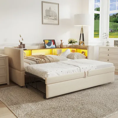 Produktbild von Flieks Tagesbett Polsterbett 90/180x190cm mit Ausziehbett, Schlafsofa Daybed mit Ladefunktion und LED, Jugendbett Holzbett mit Regal, Samt, Beige