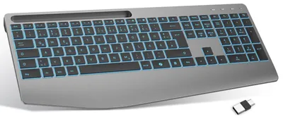 Produktbild von Kabellose Tastatur mit Handballenauflage und Handyhalterung 2400 MHz Ergonomische Beleuchtete Tastatur QWERTZ mit Copilot Leise Wiederaufladbar