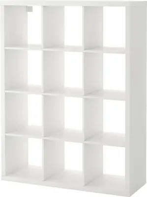 A white cube shelf unit with 12 compartments.