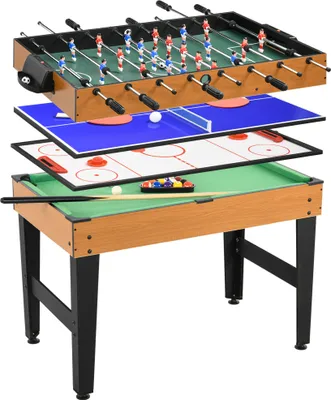 Produktbild von HOMCOM 4 in 1 Multigame Spieletisch, Partyspieltisch mit Tischtennis, Kicker, Billard, Tischhockey, für Multiplayer-Spaß, Stahl, Naturholz+Schwarz