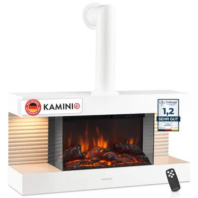 Produktbild von KAMINIO Elektrokamin LIZ mit Ofenrohr - Elektrischer Wandkamin mit Heizung, 3D-Flammeneffekt, LED-Ambientelicht, Fernbedienung - Weiß