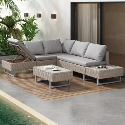 Produktbild von Merax Polyrattan Lounge Gartenlounge Set 4-5 Personen, 3-tlg. Gartenmöbel set mit verstellbarem Ecksofa und Tisch, Terassenmöbel Balkonset Sitzgruppe