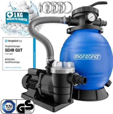 Produktbild von MONZANA® Sandfilteranlage SF96K 9.600L/h bis 30.000L Pool inkl Filterbällen 7 Wege Ventil 2in1 Adapter Ø32-38mm 400W Filteranlage Pumpe Filterkessel