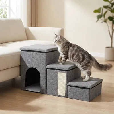 Produktbild von Faltbare Haustiertreppe mit Aufbewahrung | Rutschfeste Stufen | Hundehöhle für Katzen & Hunde