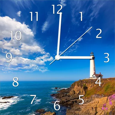 Produktbild von Wallario Design Wanduhr Leuchtturm auf einem Felsvorsprung - Blauer Himmel aus Echtglas, Größe 30 x 30 cm