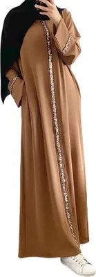 Image de ASKSA Femme Robe Musulmane Manches Longues Islamique Ramadan Robe de Prière Intégrale Longue (Marron Clair,S)