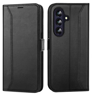 A black leather flip case for a Samsung Galaxy A56 5G phone, shown open and closed.