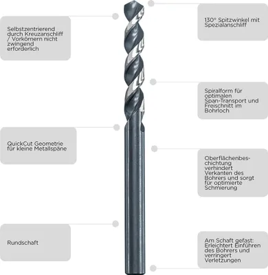Zdjęcie produktu dla kwb 258640, Wiertarka, Spiralne wiertła do cięcia, Reguła prawej dłoni, 4 mm, 75 mm, Żelazo, Profil, Blacha, Stal nierdzewna, Stal