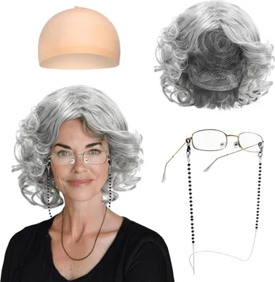 Produktbild von Kostüm-Set für alte Dame, graues Oma-Perücken-Set mit Oma-Perücke, Brille und Kette, Zubehör-Set, Oma-Perückenkappe für Halloween, Weltbuchtag, Maskerade, Karneval