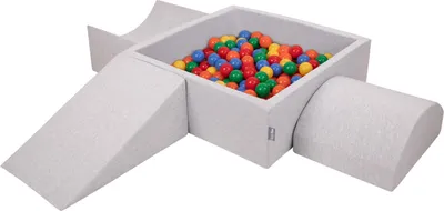 Obrázok produktu pre KiddyMoon Mäkké penové ihrisko pre deti s Štvorec loptičkovým ihriskom (300 ∅ 7 cm) s mäkkými prekážkami a loptičkovým bazénom,  vyrobené v EÚ, Svetlo šedá:Žltá/Zelená/Modrá/Červená/Orang