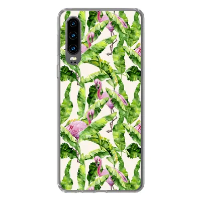 Produktbild von MuchoWow® Handyhülle Schutzhülle Hülle für Huawei P30 Flamingo - Blätter - Muster Silikon Softcase Handy Hülle - Kartenbesitzer