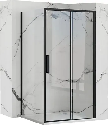 A modern shower enclosure with black framing and clear glass, set against a marble-patterned wall.
