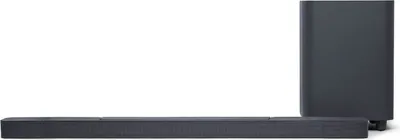 A soundbar and wireless subwoofer are displayed against a white background.