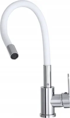 A white flexible kitchen faucet with a silver base and spout.