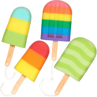 Produktbild von BRUBAKER 4er Set Badeschwamm Duschschwamm - Eis am Stiel - Seifschwamm für Kinder Erwachsene - Hygienisch Langlebig - Badeknäuel zum Einseifen - Bunt
