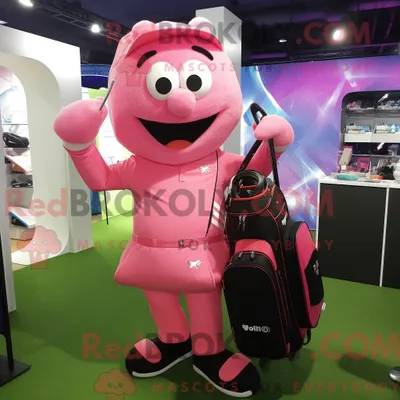 Image de Mascotte REDBROKOLY de sac de golf rose personnage habillé avec un short de course et des porte-documents