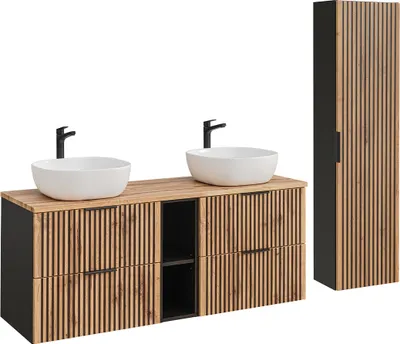 Produktbild von Doppelwaschtisch und Hängesäule 140.6cm Gaia mit 4 Schubladen, Eichenoptik und Schwarz