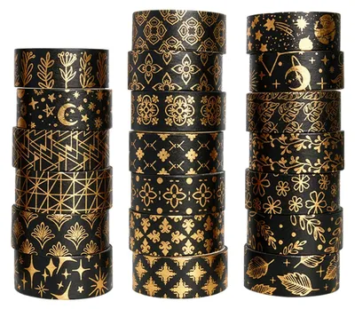 Image de Lot de ruban washi, 20 rouleaux, noir avec feuille d'or, réutilisable et adapté pour les Bullet Journal