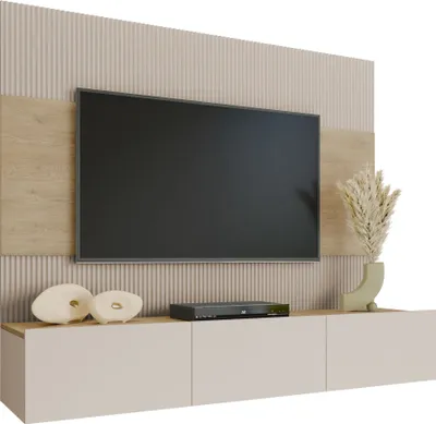 Produktbild von MIRJAN24 Wohnwand Deromi III, Wohnzimmer Möbel Set, Griffloses Öffnungssystem push to open, 2er-Set (Farbe: Sandbeige / Sandbeige + Eiche Cremona)