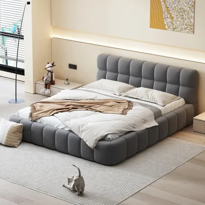 Produktbild von okwish Polsterbett 140 x 190 cm mit weicher Rückenlehne und Lattenrost Leinen Grau