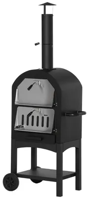 Image de Four š€ Pizza extšŠrieur au Charbon de Bois - Barbecue sur roulettes - Four š€ Bois - Pierre ršŠfractaire - cheminšŠe, jauge tempšŠrature - Acier au Carbone Noir Gris