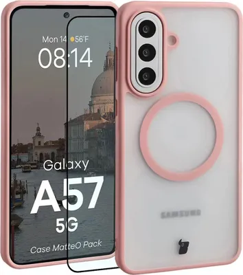 Produktbild von Schutzhülle mit Magnetring + gehärtetem Glas für Galaxy A57 5G, Bizon MatteO Pack, Getönt-Hellrosa