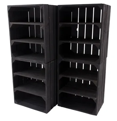 Produktbild von 12er Set Schwarze Kiste mit 2 schwarzen Mittelbrettern quer 50cm x 40cm x 30cm Holzregal Schuhregal black Obstkisten Weinkisten Balkon Regal groß Vintage