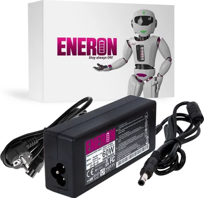 A laptop power adapter and its packaging are displayed against a white background.