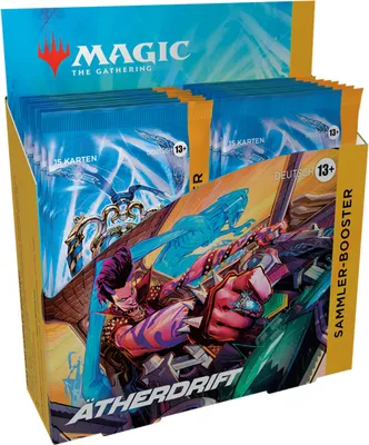 A display box of Magic the Gathering Aetherdrift Collector Booster packs.