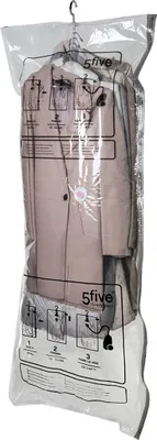 A garment bag with clothing inside, showing instructions for use.