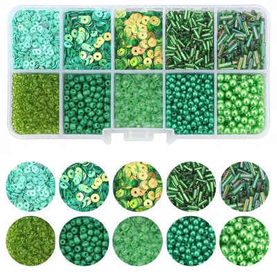 Glasperlen-Mix grün, 10 Fächer, Pailletten & Röhrenperlen, DIY