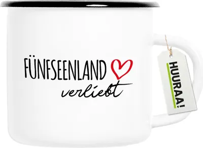 Produktbild von Huuraa Emaille Tasse Fünfseenland verliebt 300ml Vintage Campingbecher Geschenkidee