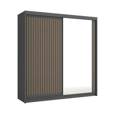 Produktbild von 203 cm Kleiderschrank mit Lamellen und Spiegel, inklusive 2 Schiebetüren, Schwebetürenschrank Kleiderstange, Lieferung bis in die Wohnung (Farbe: Grau, Lamelle Votan)
