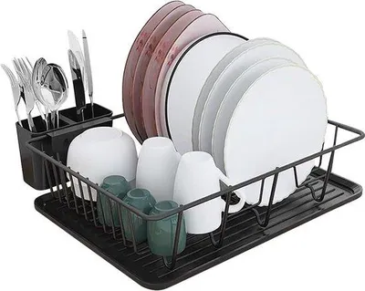 Productafbeelding van Unyqoos® Afdruiprek voor servies (zwart), gelakt metalen frame met een afneembare opvangbak van kunststof en een bestekmand, antislip, 43 x 32 x 12 cm