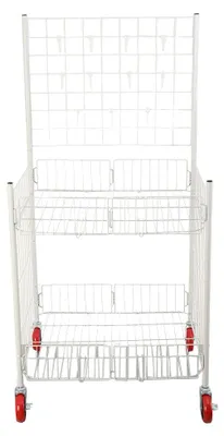 Zdjęcie produktu dla Wolnostojąca metalowa konstrukcja z półkami - mobilny stojak ekspozycyjny, 2 półki - metal, 65 cm wysokości - 10 haczyków - kółka o średnicy 10 cm - maksymalne obciążenie 40 kg - kolor biały