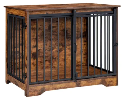 Productafbeelding van Moderne hondenbench voor binnen - 81 cm breed - Houten dierenkooi met 2 deuren en schuifdeur in vintage stijl