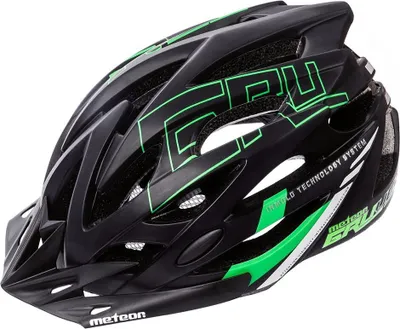 Produktbild von Meteor Fahrradhelm GRUVER, schwarz/grün, L 58-61 cm, für Herren, Damen & Kinder, MTB, Rollerhelm, PVC, EPS, FIT SIZE-System, abnehmbares Visier, AIR FLOW, FLY NET, QUICK-RELEASE-System, herausnehmbare Polsterung